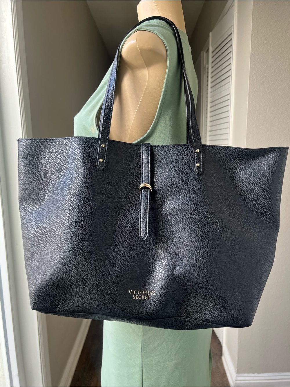 Victoria's Secret Navy Pebbled Tote with Buckle Strap